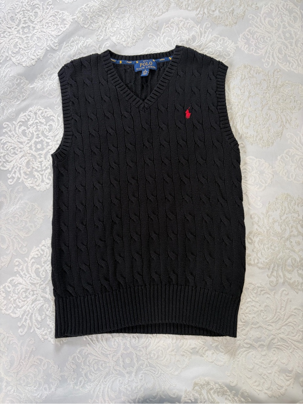 Polo Ralph Lauren Boys Cable Knit Sweater Vest Black With Red Pony Medium 10/12 - Picture 1 of 6